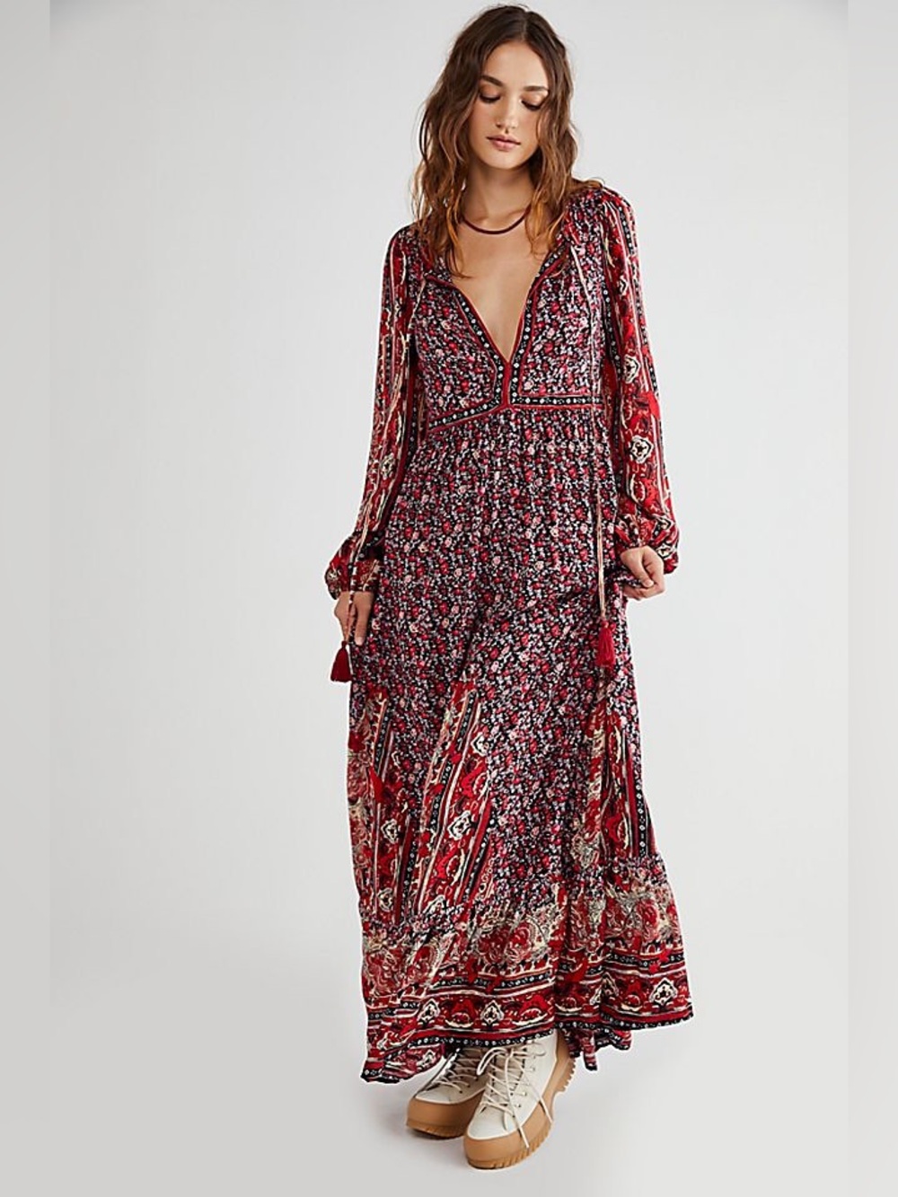 Free People Happy Feelings Boho Floral Maxi Dress XS Red